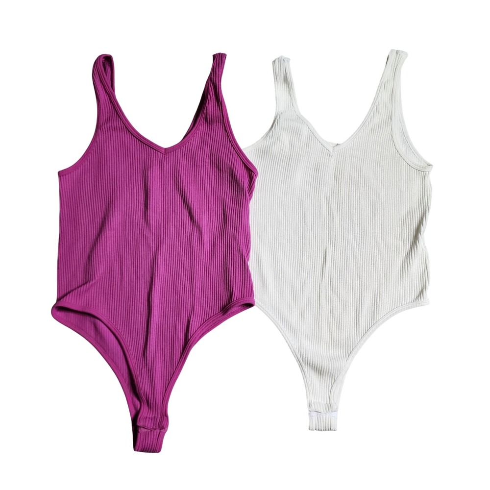 Gypsy + Jade Womens Ribbed V Neck Bodysuit 2 Pack Pink White S